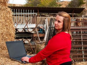 Młoda kobieta używająca laptopa na balie siana na farmie