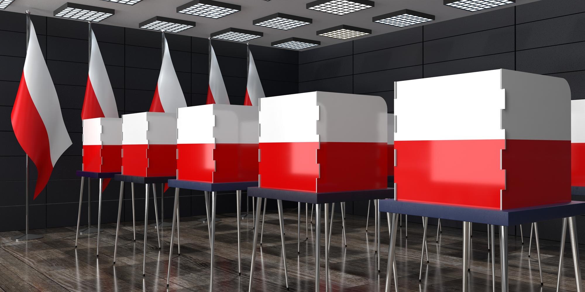Polskie kabiny wyborcze i flagi narodowe w urzędzie wyborczym koncepcja wyborcza ilustracja 3D