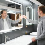 Mężczyzna wybiera nowe meble łazienkowe w sklepie hydraulicznym z dużą ilością artykułów sanitarnych