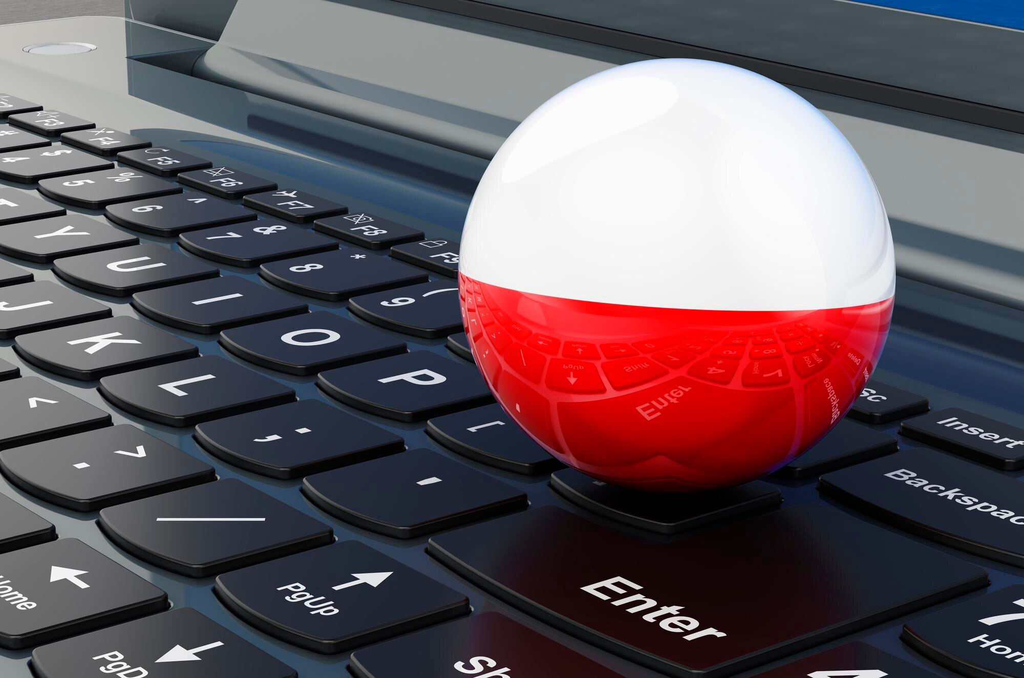 Polska flaga na klawiaturze laptopa Online edukacja biznesowa zakupy w Polsce koncepcja rendering 3D