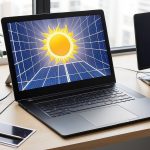 Laptop z panelem słonecznym na ekranie w biurze