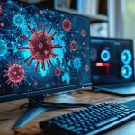 Ekran komputera wykrywa modne złośliwe oprogramowanie hakerskie, które stanowi zagrożenie cybernetyczne