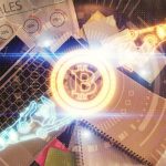 Rysunki hologramów motywu Blockchain na komputerze na tle pulpitu Widok z góry Podwójna ekspozycja