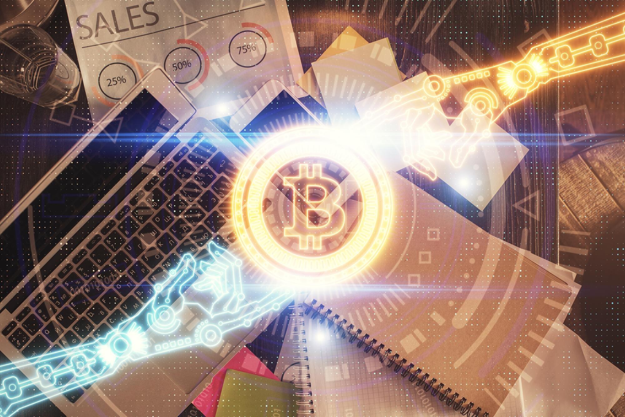 Rysunki hologramów motywu Blockchain na komputerze na tle pulpitu Widok z góry Podwójna ekspozycja
