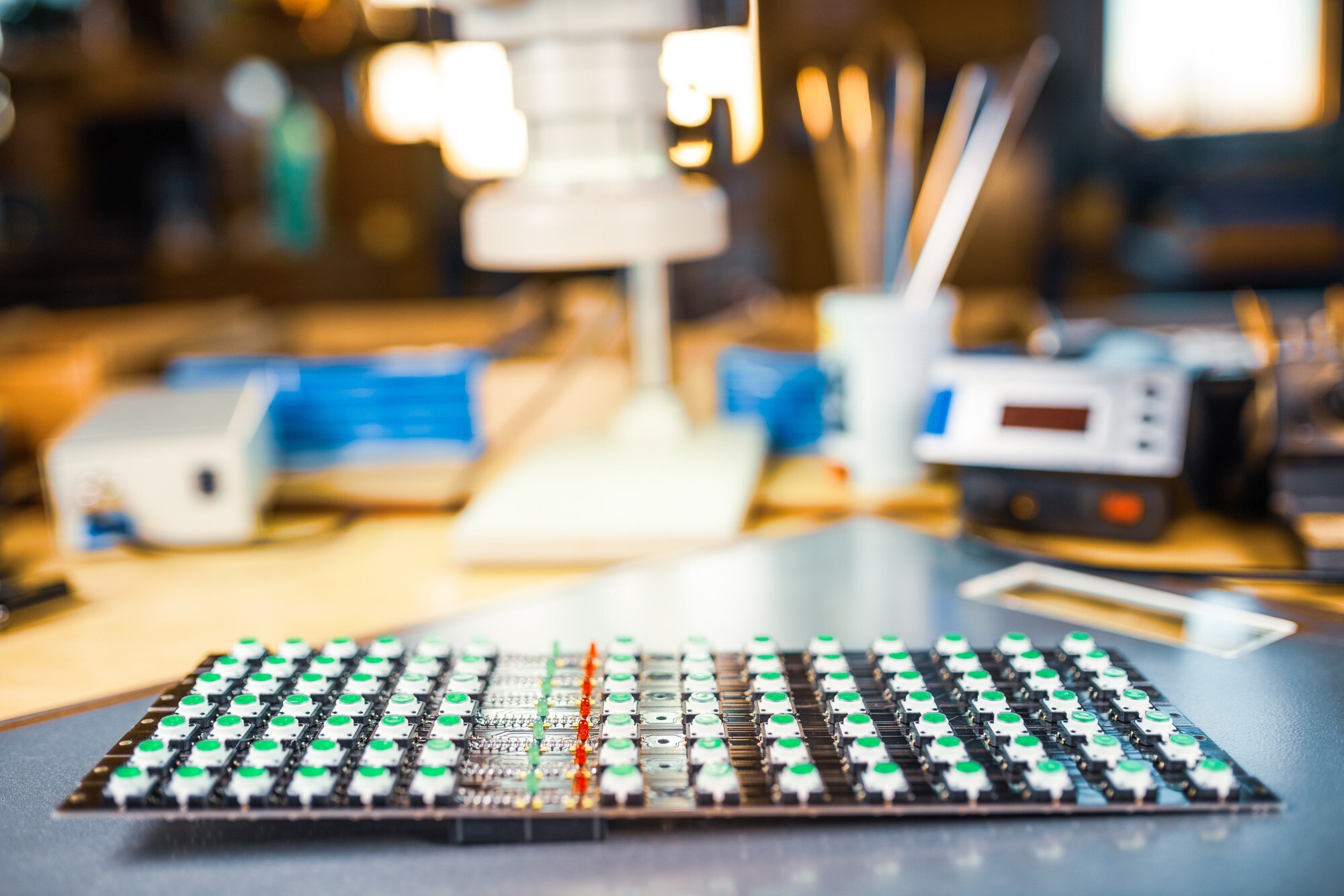 Duży mikroskop elektronowy i panel wskaźników świetlnych LED są ułożone na płycie, aby przygotować się do badań komponentów elektronicznych w laboratorium