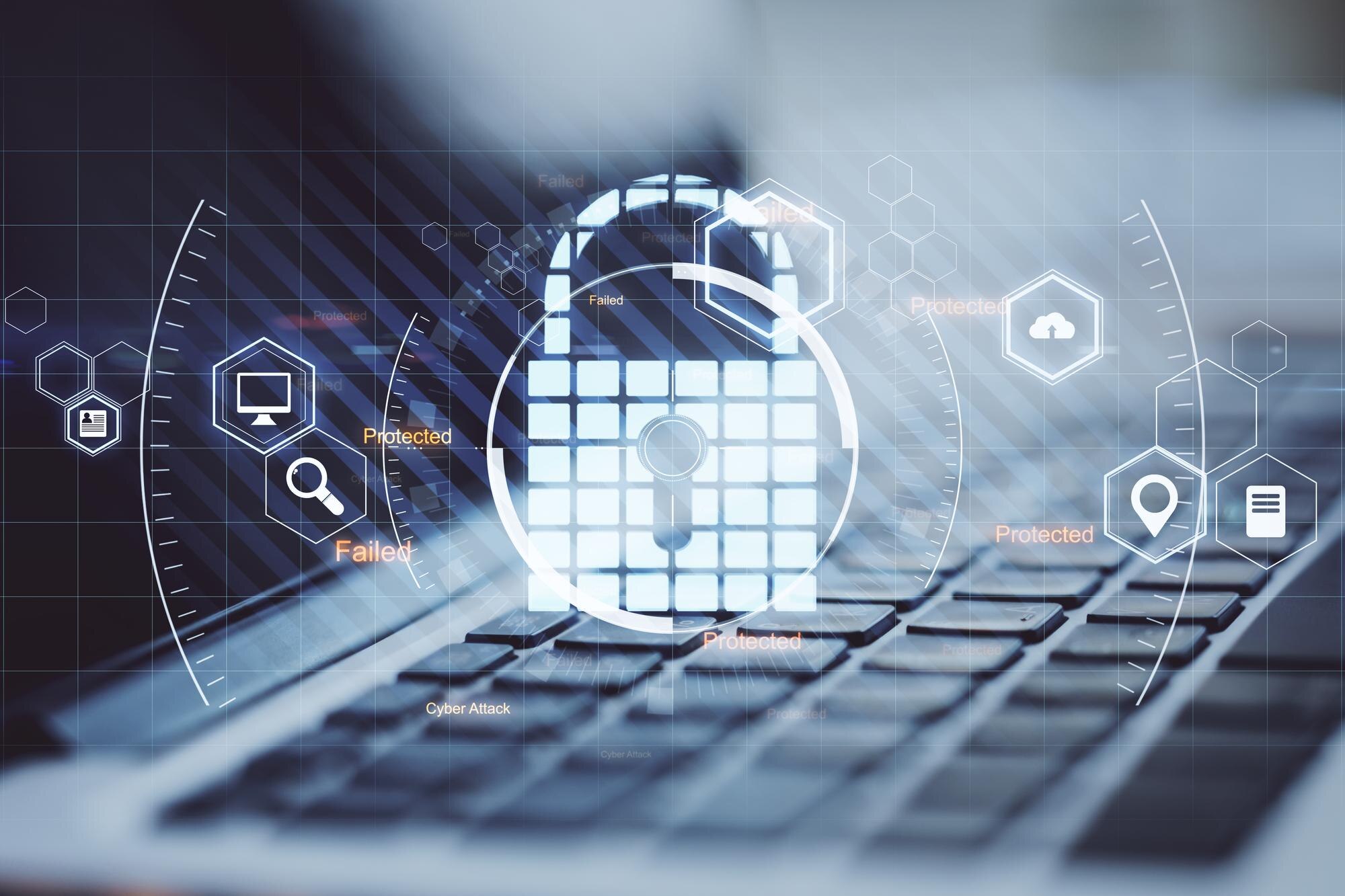 Laptop z abstrakcyjnym interfejsem cyfrowego zamka Koncepcja bezpieczeństwa i ochrony Podwójne narażenie