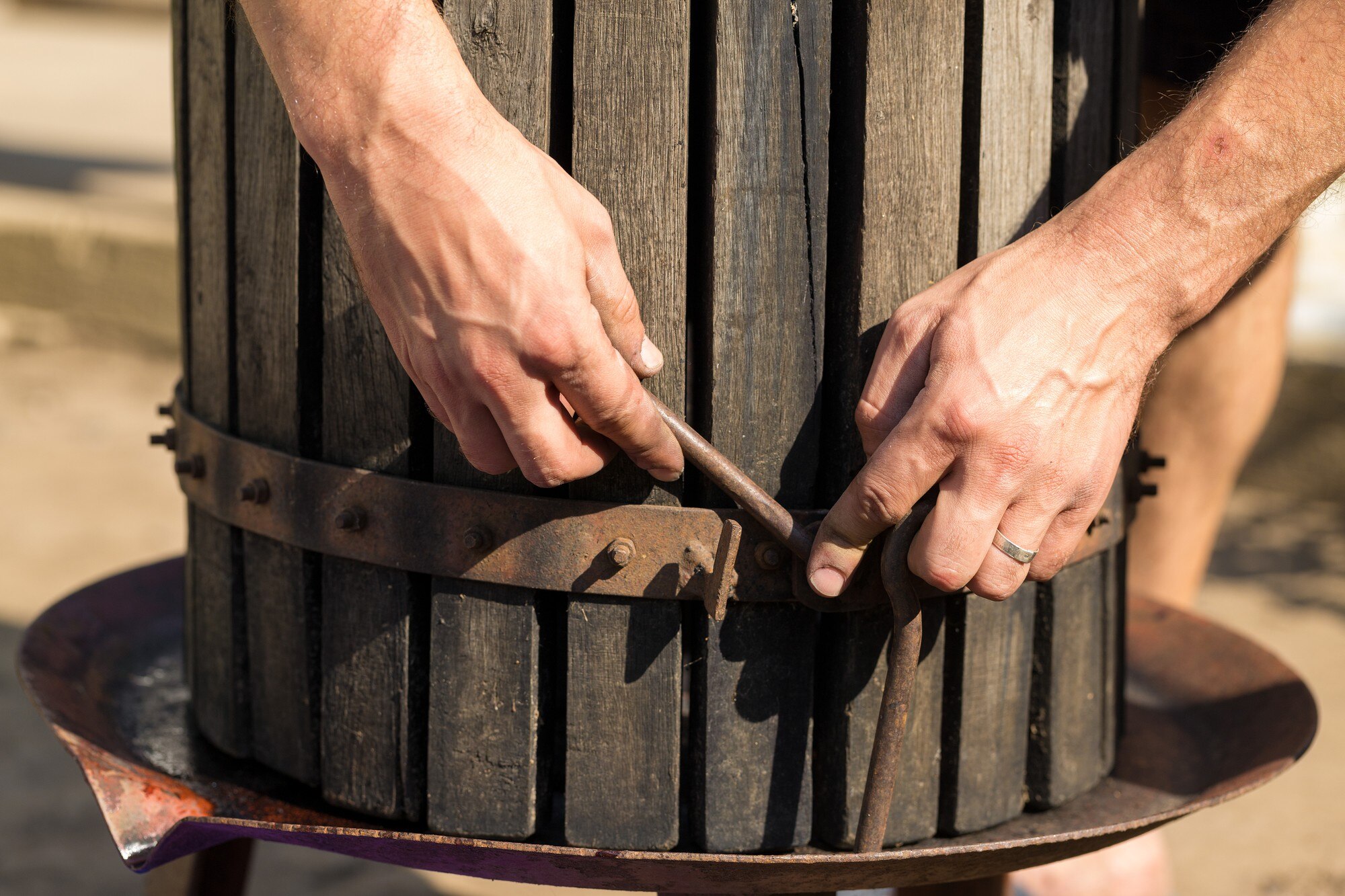 Prasa do wina z czerwonym moszczem i śrubą śrubową Ręce winiarza z bliska