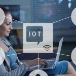 Kompozycja ikony iot z siecią połączeń nad kobietą korzystającą z laptopa