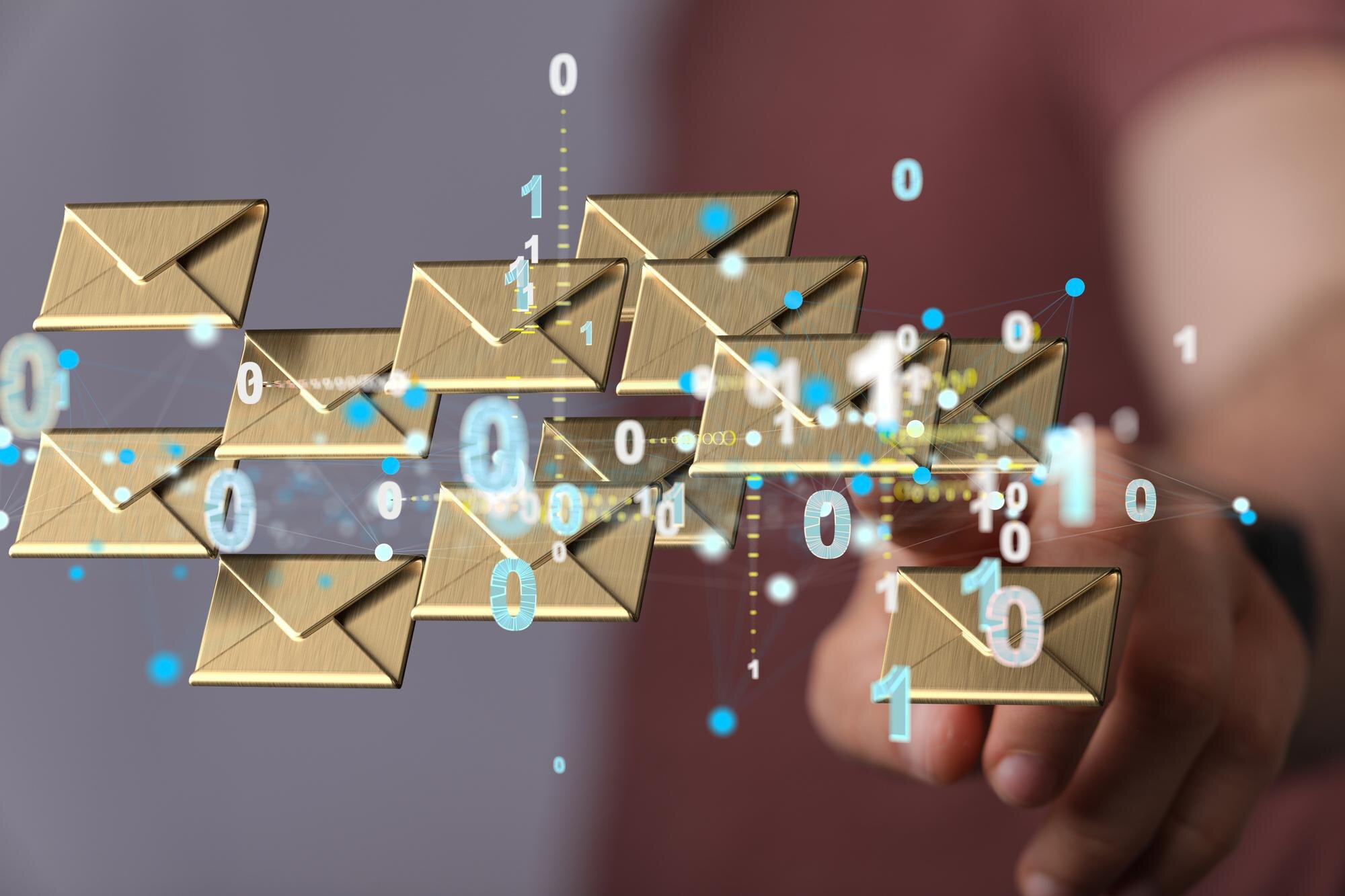 Rendering 3D człowieka wskazującego na pływające ikony e-mail Koncepcja komunikacji biznesowej