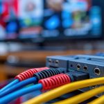 Zbliżenie kabli AV podłączonych do urządzenia