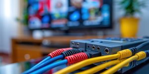 Zbliżenie kabli AV podłączonych do urządzenia