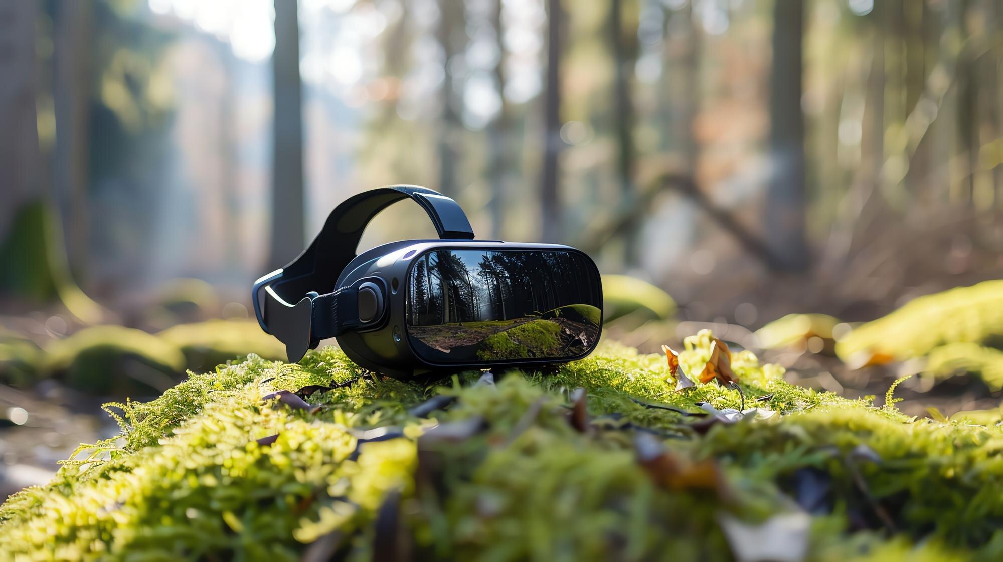 Słuchawka VR leży na łóżku z mchu w lesie odbijając drzewa i światło słoneczne