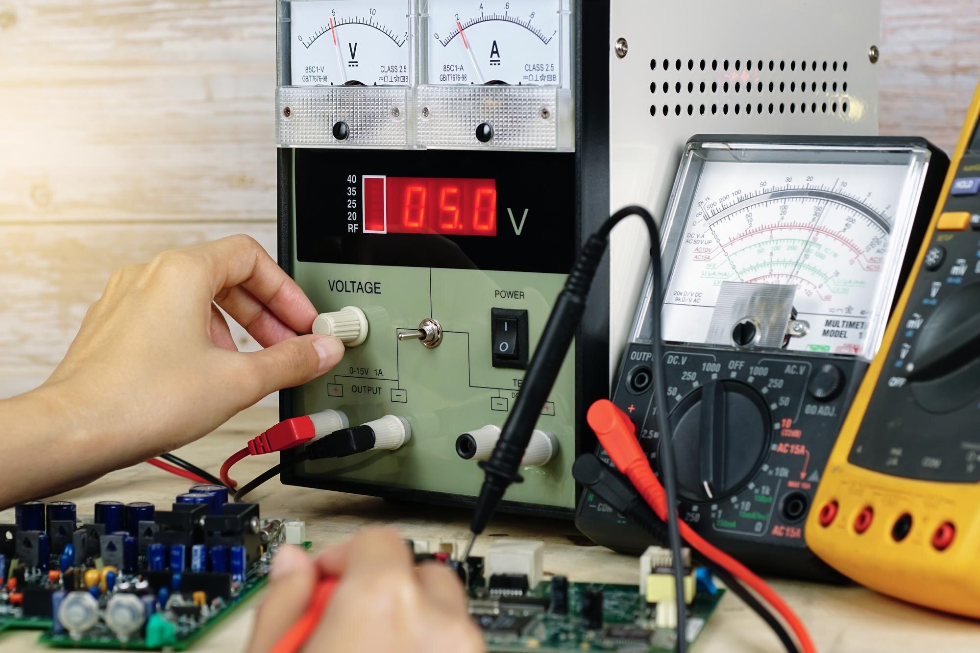 Technik naprawy elektroniki Specjalista sprawdza jednostki elektroniczne i wykonuje pomiary elektryczne