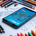 Flatlay Smartphone Design Concepts z markerami rysunkowymi i Sketchpadem na białym tle