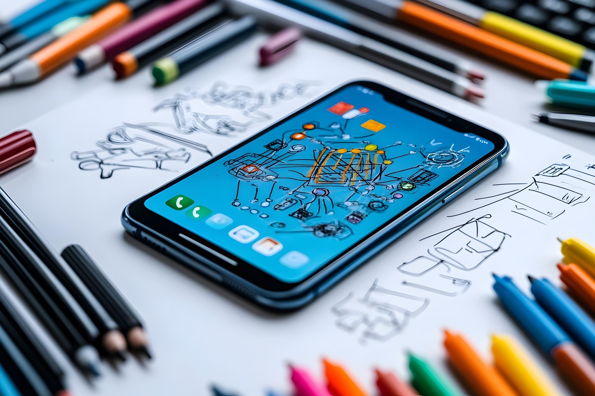 Flatlay Smartphone Design Concepts z markerami rysunkowymi i Sketchpadem na białym tle