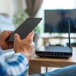 Zbliżenie człowieka używającego smartfona w pobliżu bezprzewodowego routera domowego biura