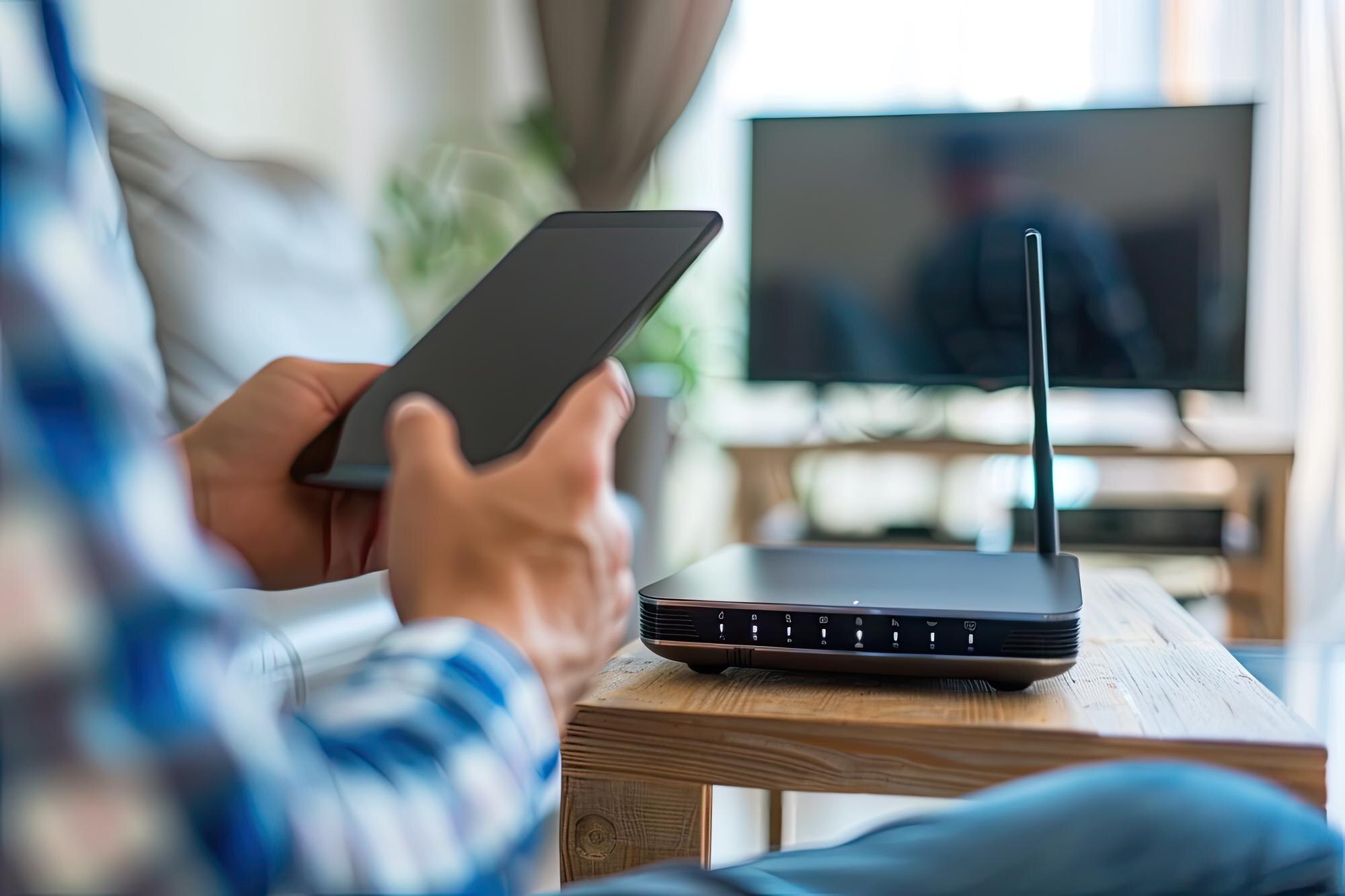 Zbliżenie człowieka używającego smartfona w pobliżu bezprzewodowego routera domowego biura