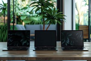 Trzy laptopy na stole konferencyjnym