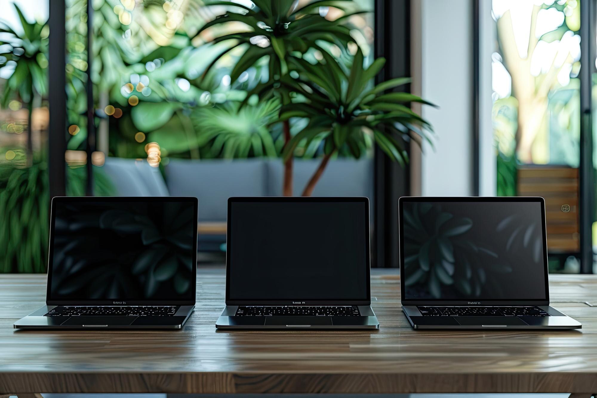 Trzy laptopy na stole konferencyjnym