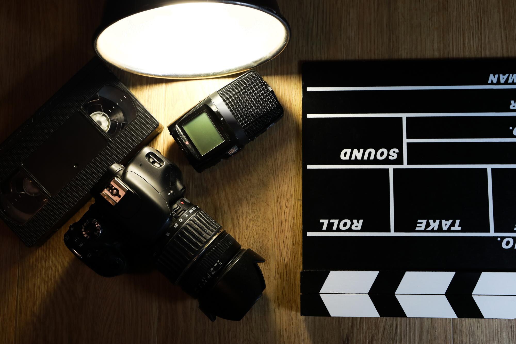 Klakier filmowy z kamerą, mikrofonem i taśmą VHS na drewnie.