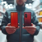 3D Shopper Porównujący dwa smartfony koncepcja jako Candid strzał kupującego trzymający dwa smartfony w