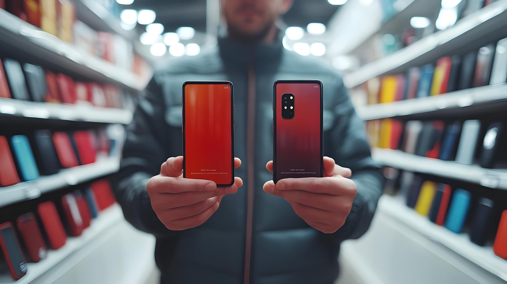 3D Shopper Porównujący dwa smartfony koncepcja jako Candid strzał kupującego trzymający dwa smartfony w