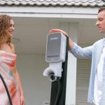 Szczęśliwa para ładuje pojazd elektryczny ze stacji ładowania Synchronos