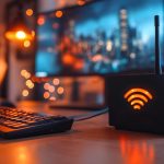 Monitor komputera i klawiatura są na biurku z małym urządzeniem, które mówi Wi-Fi Pokój jest słabo oświetlony i ma przytulną atmosferę