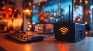 Monitor komputera i klawiatura są na biurku z małym urządzeniem, które mówi Wi-Fi Pokój jest słabo oświetlony i ma przytulną atmosferę