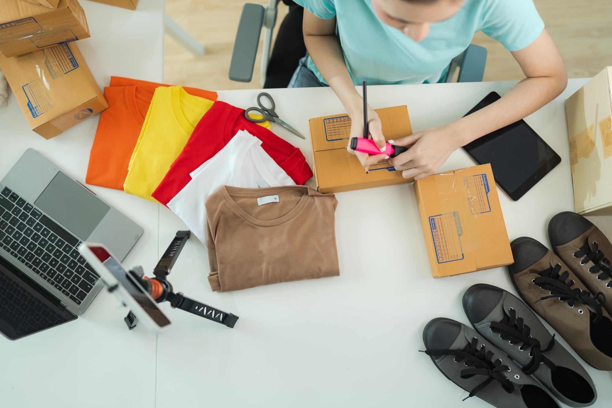 Widok z góry kobiet-przedsiębiorców Pakowanie produktów w pudełka do zamówień e-commerce do dostawy