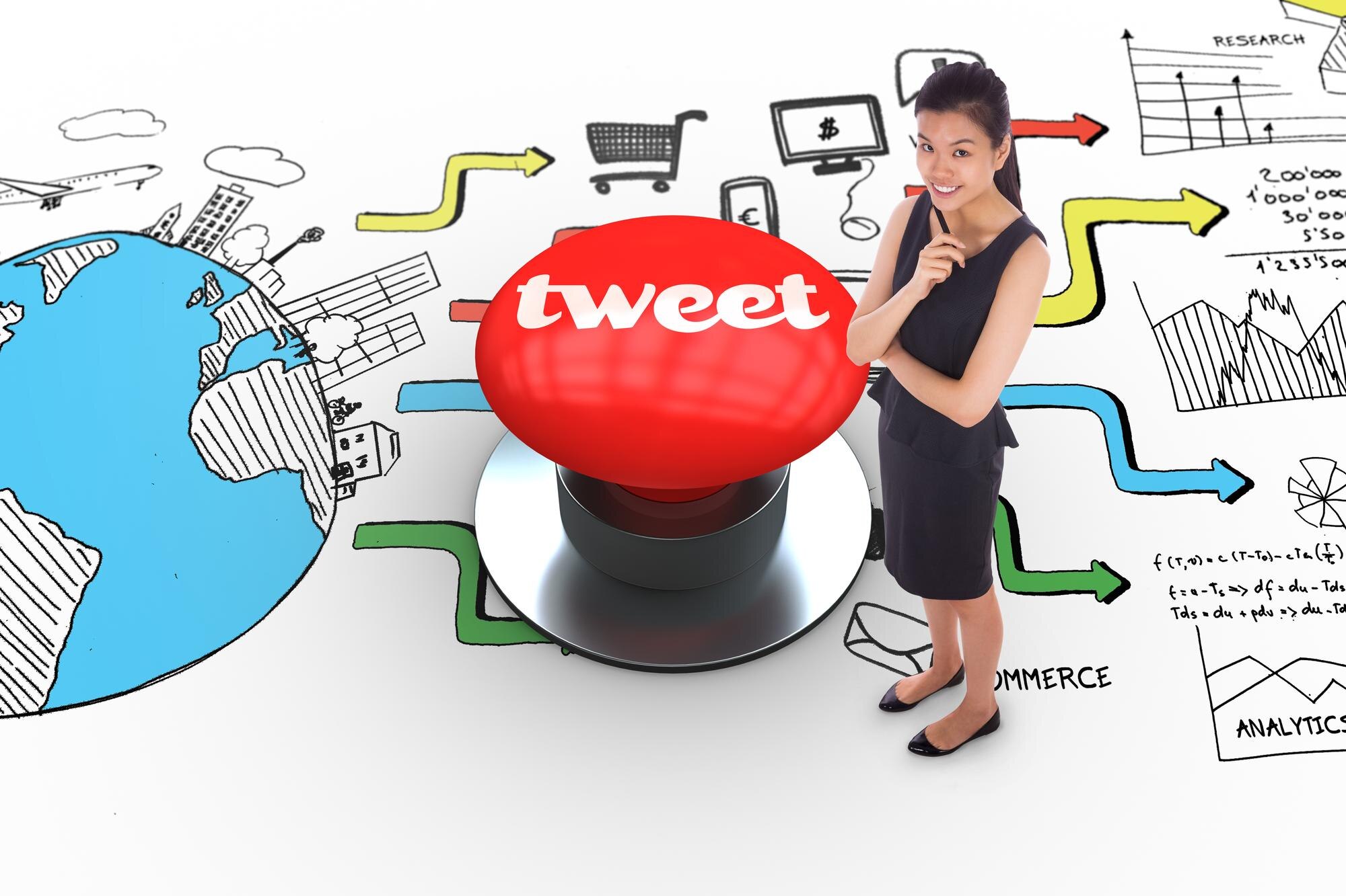 Słowo tweet i rozważna bizneswoman przeciw cyfrowo generowanemu czerwonemu przyciskowi