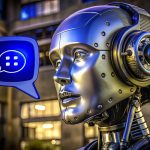 Koncepcja projektowania logo botów Wirtualny inteligentny asystent botów ikona głowa robota z bańką mowy