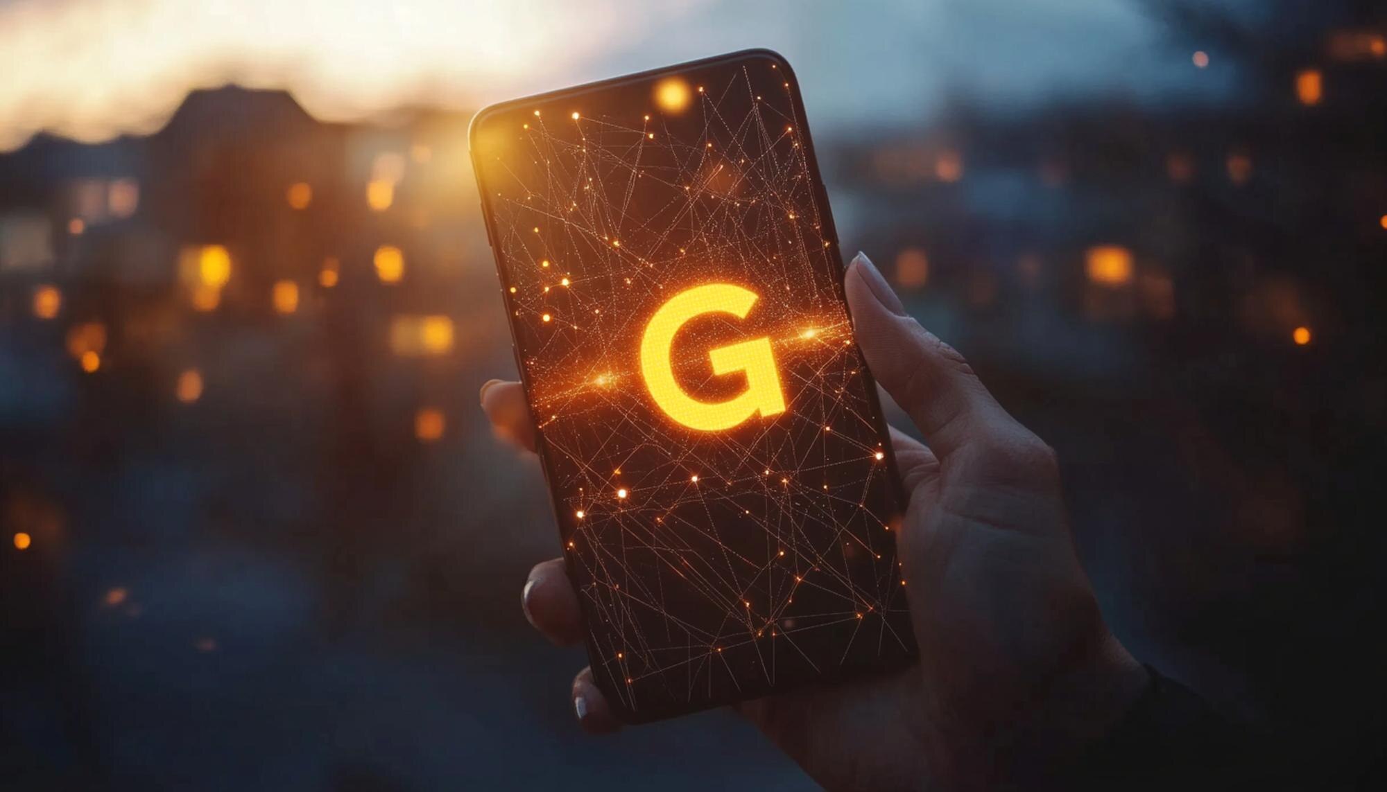 Osoba trzymająca telefon z literą g na nim