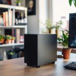 Minimalistyczny narożnik biura domowego z kompaktową czarną wieżą komputerową na drewnianym biurku otoczonym bujnymi zielonymi roślinami w doniczkach