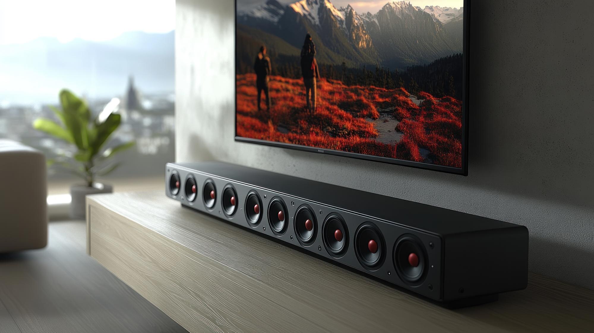Nowoczesny soundbar umieszczony pod telewizorem w stylowym salonie