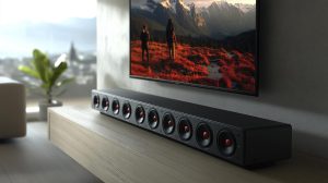 Nowoczesny soundbar umieszczony pod telewizorem w stylowym salonie