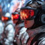 Eksploratorzy w zaawansowanym sprzęcie wirtualnej rzeczywistości zaangażowani w immersyjną symulację kosmiczną w technologii