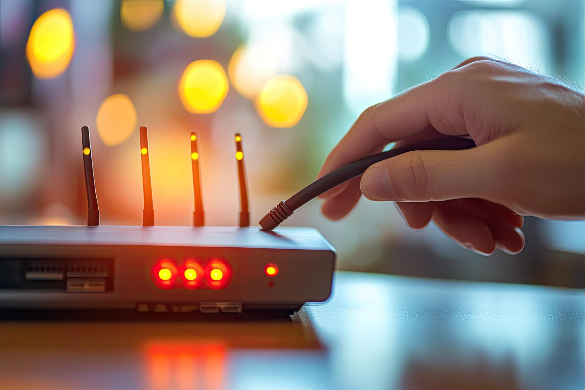 Ultra wysokiej jakości zdjęcie człowieka łączącego kabel do gniazda routerów Wysoki szczegół 8K