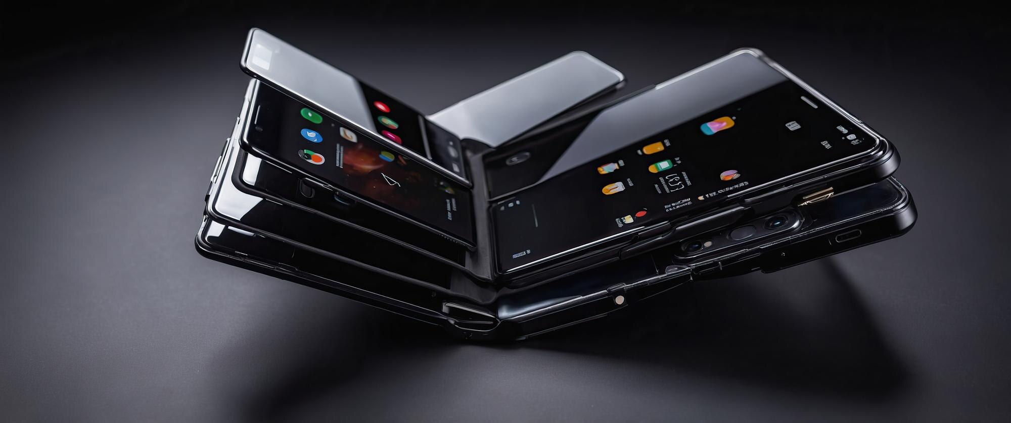 Gładki składany smartfon na czarnym tle prezentujący nowoczesną technologię