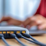 Zbliżenie eleganckiej bramy bezprzewodowej i podłączonych kabli przy nowoczesnym biurku biurowym z skoncentrowanym pracownikiem w czerwonej koszuli