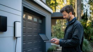 wykwalifikowany technik programujący domową stację ładowania pojazdów elektrycznych przy użyciu laptopa z nowoczesnym systemem mieszkalnym