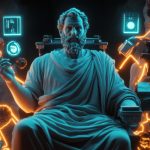 Nowoczesna interpretacja klasycznej posągu otoczonej futurystycznymi elementami cyfrowymi