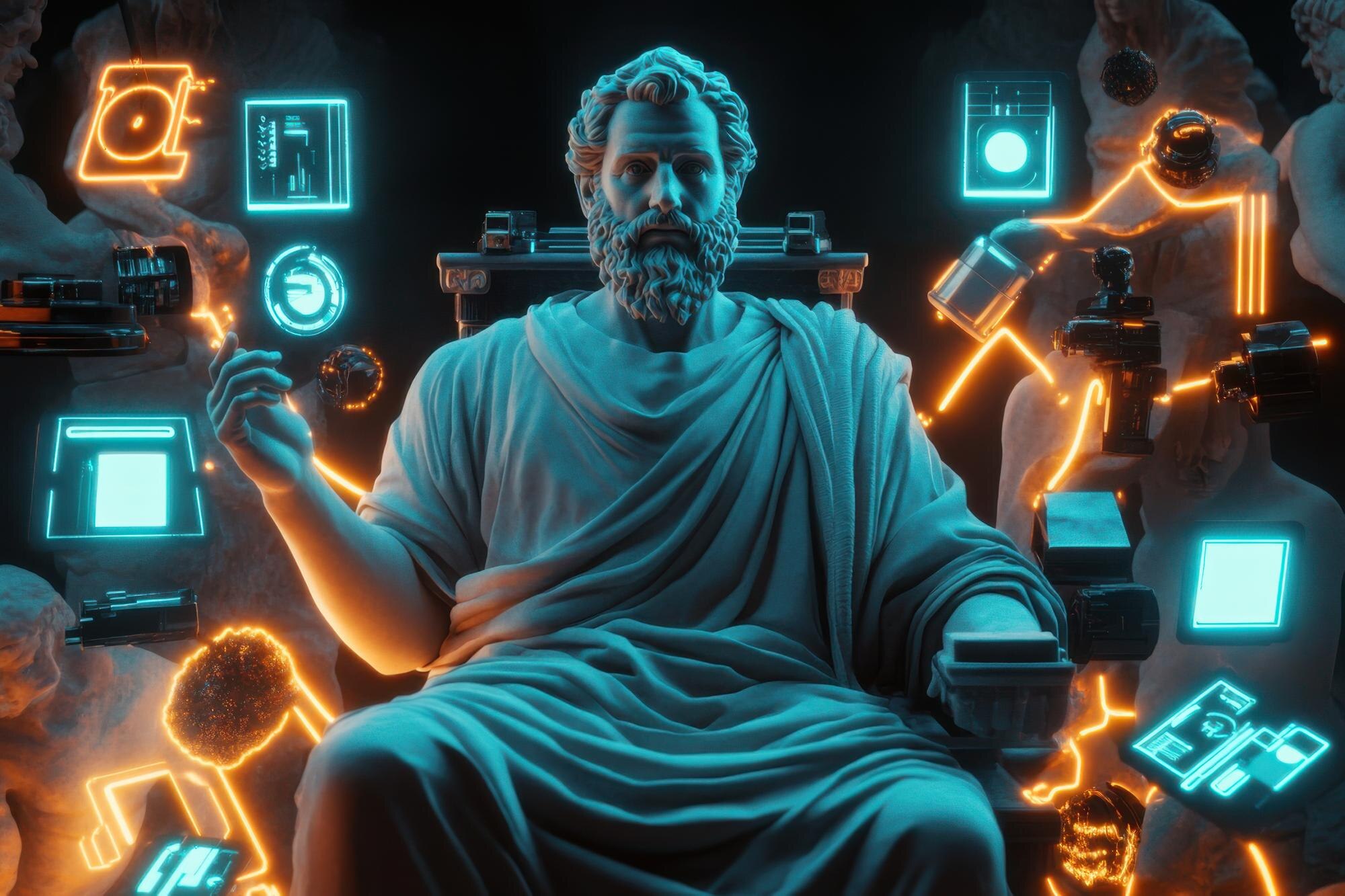 Nowoczesna interpretacja klasycznej posągu otoczonej futurystycznymi elementami cyfrowymi