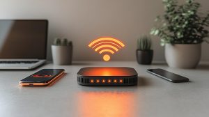 Szybkie połączenie z siecią bezprzewodową Nowoczesny router ze smartfonem i laptopem