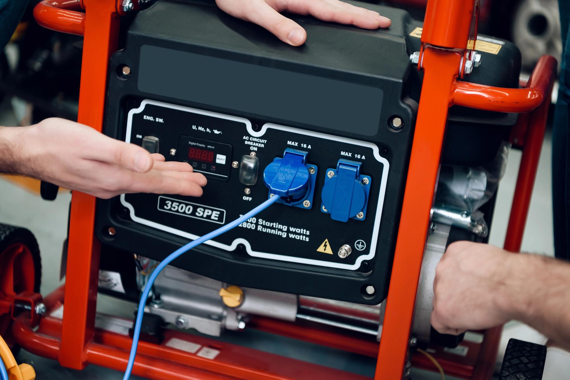 Sprzedawca pokazuje klientom nowy generator w sklepie z narzędziami elektrycznymi