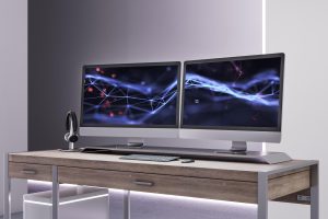 Lekkie betonowe wnętrze biurowe z wyposażeniem miejsca pracy i zapleczem technicznym na ekranie komputera Renderowanie 3D