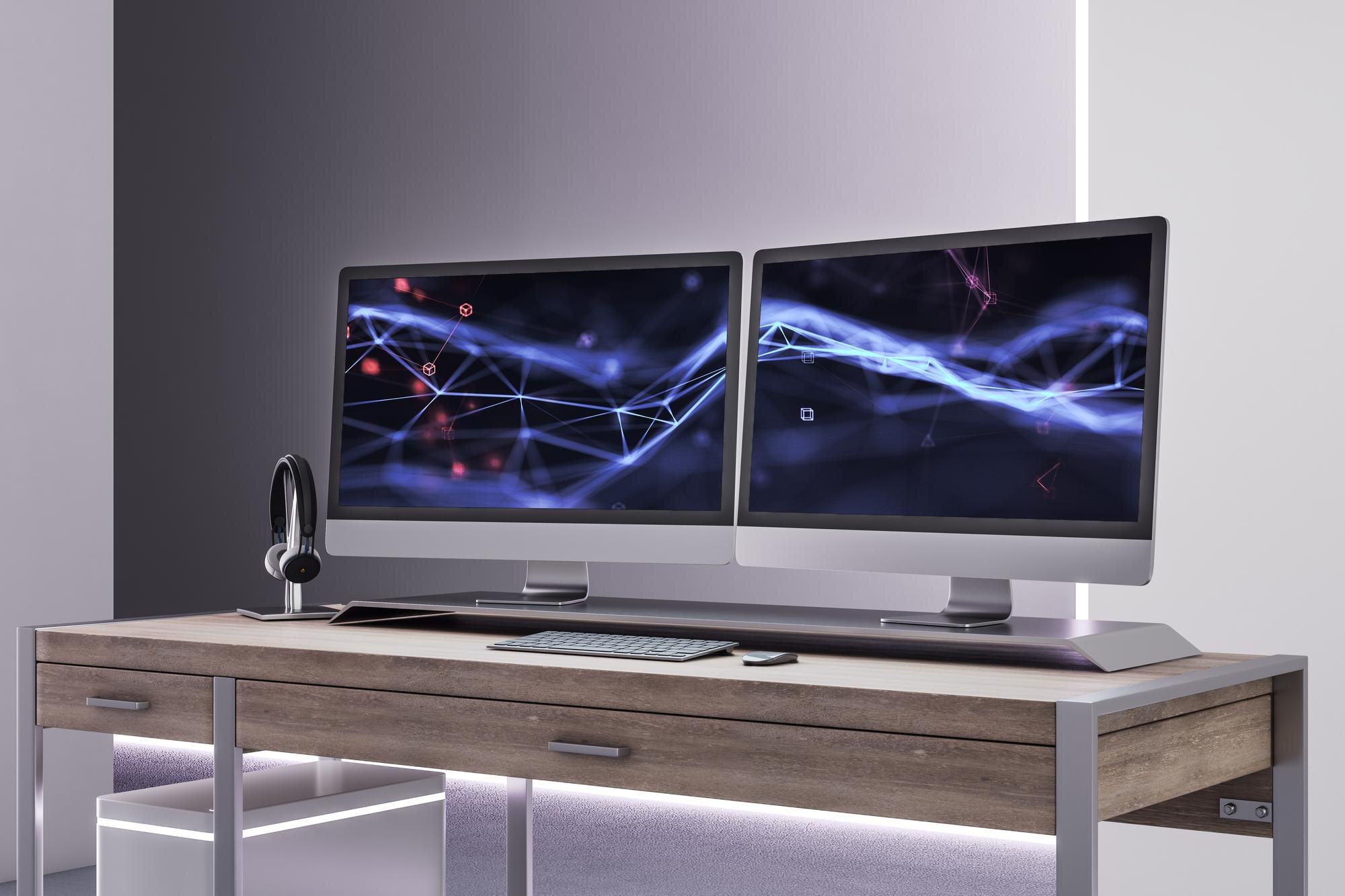 Lekkie betonowe wnętrze biurowe z wyposażeniem miejsca pracy i zapleczem technicznym na ekranie komputera Renderowanie 3D