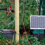 Mały widok farmy słonecznej z małym panelem słonecznym podłączonym do ogrodzenia na farmie