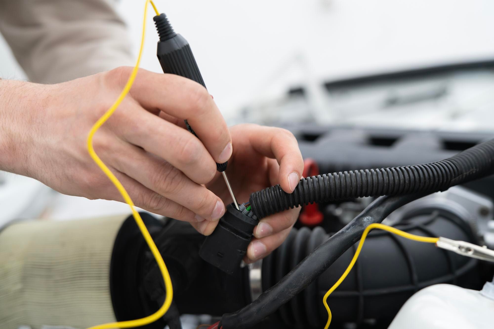 Mechanik samochodowy wykorzystuje automatyczny tester diagnostyczny w silniku pojazdu do identyfikacji problemów podczas procesu naprawy