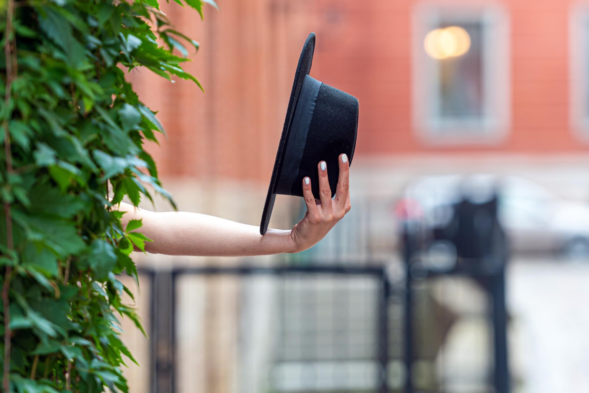 Ręka trzymająca czarny kapelusz w pobliżu zielonej ściany rośliny w środowisku miejskim